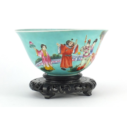 403 - Chinese porcelain turquoise ground bowl, finely hand painted with figures in a palace setting, raise... 