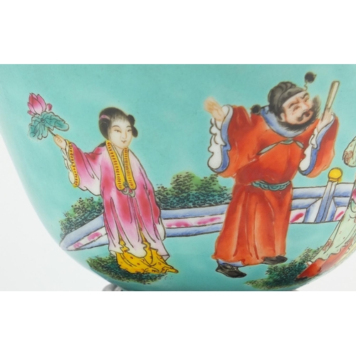 403 - Chinese porcelain turquoise ground bowl, finely hand painted with figures in a palace setting, raise... 