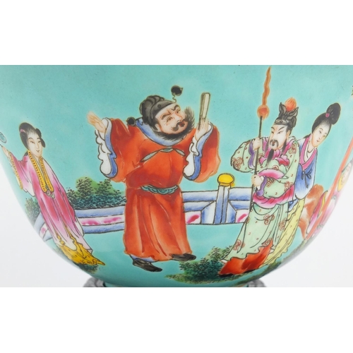 403 - Chinese porcelain turquoise ground bowl, finely hand painted with figures in a palace setting, raise... 