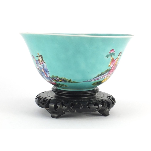 403 - Chinese porcelain turquoise ground bowl, finely hand painted with figures in a palace setting, raise... 