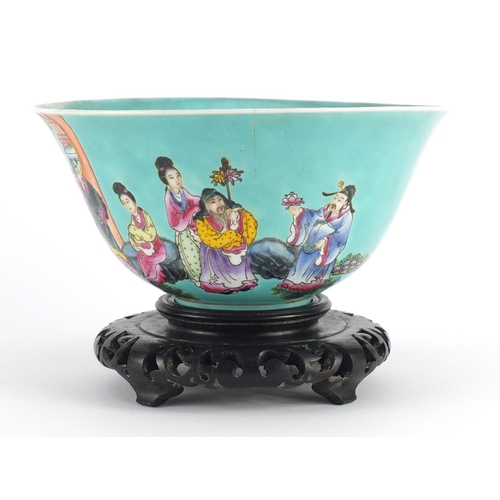 403 - Chinese porcelain turquoise ground bowl, finely hand painted with figures in a palace setting, raise... 