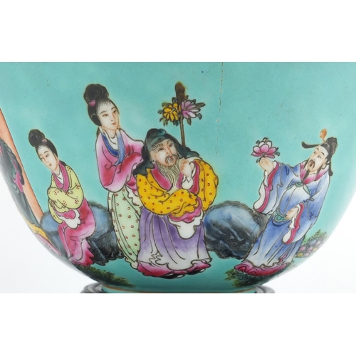 403 - Chinese porcelain turquoise ground bowl, finely hand painted with figures in a palace setting, raise... 