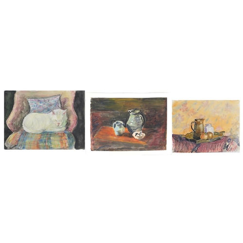 1023 - Marie Borobieff Marevna - Still life and a seated cat, three watercolours on card,  unframed, the la... 