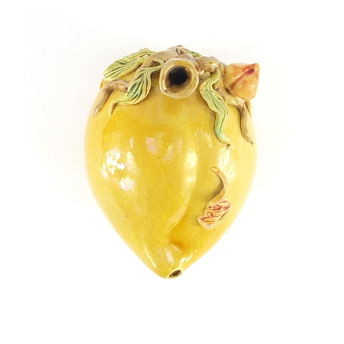 424 - Chinese porcelain yellow glazed peach water dropper, 10cm in length