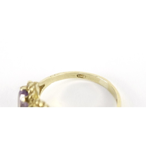 875 - 9ct gold opal and amethyst ring, London 1976, size M, 3.3g
