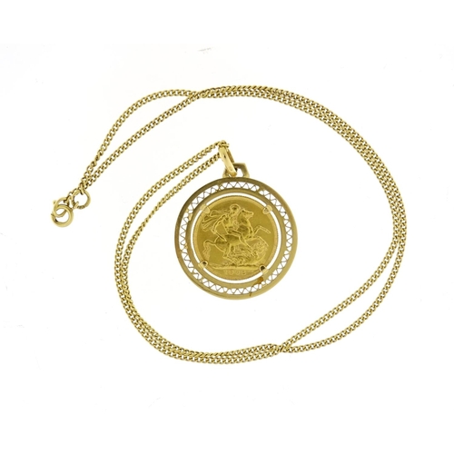 864 - Edward VII 1902 gold sovereign with 9ct gold pendant mount, on an 18ct gold necklace, 52cm in length... 