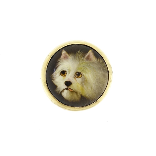 841 - Victorian hand painted enamel terrier brooch by William Bishop Ford, with unmarked gold mount, 3.7cm... 
