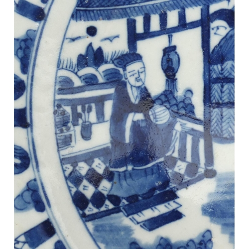 336 - Chinese blue and white porcelain shallow dish, hand painted with figures in a palace setting, 29.5cm... 