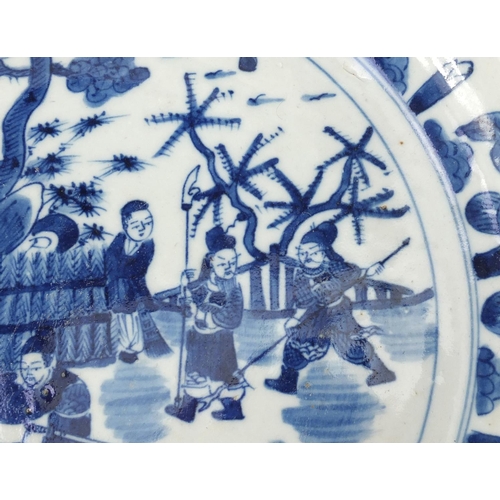 336 - Chinese blue and white porcelain shallow dish, hand painted with figures in a palace setting, 29.5cm... 