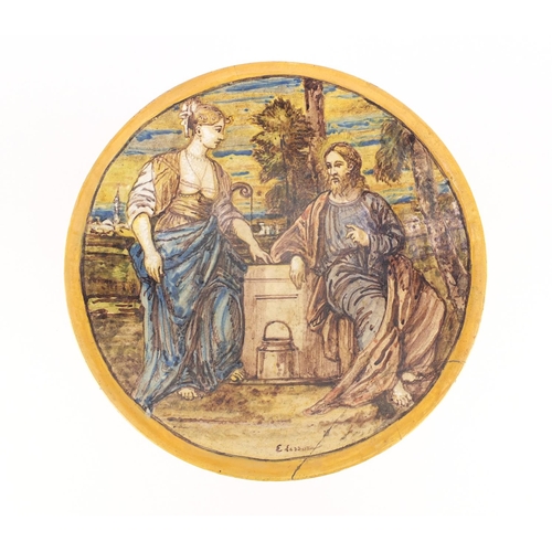 635 - Antique Italian Maiolica tazza by Emile Lessore, hand painted with two figures before a landscape, s... 