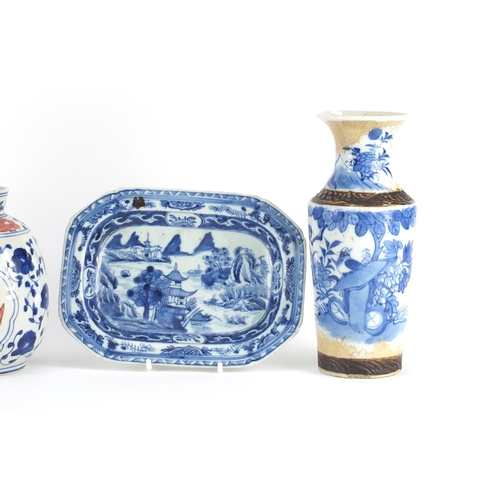 352 - Chinese blue and white porcelain including a dish, hand painted with a river landscape and a baluste... 