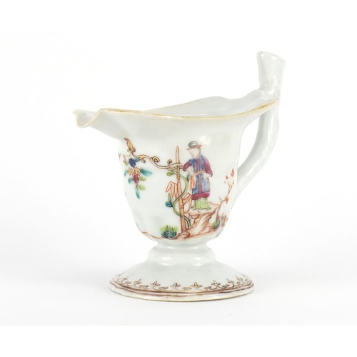 390 - Chinese porcelain sauce boat, hand painted in the famille rose palette with workers, 12.5cm high