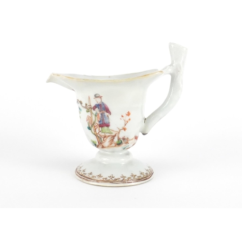 390 - Chinese porcelain sauce boat, hand painted in the famille rose palette with workers, 12.5cm high