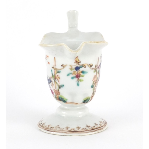 390 - Chinese porcelain sauce boat, hand painted in the famille rose palette with workers, 12.5cm high