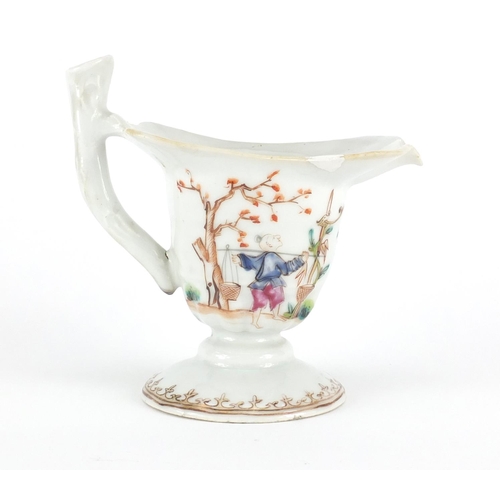 390 - Chinese porcelain sauce boat, hand painted in the famille rose palette with workers, 12.5cm high