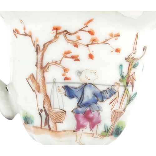 390 - Chinese porcelain sauce boat, hand painted in the famille rose palette with workers, 12.5cm high