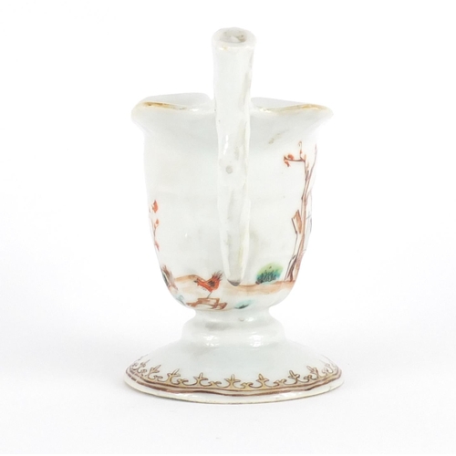 390 - Chinese porcelain sauce boat, hand painted in the famille rose palette with workers, 12.5cm high