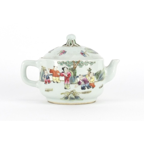 375 - Chinese porcelain teapot, hand painted in the famille rose palette with a mother and children playin... 