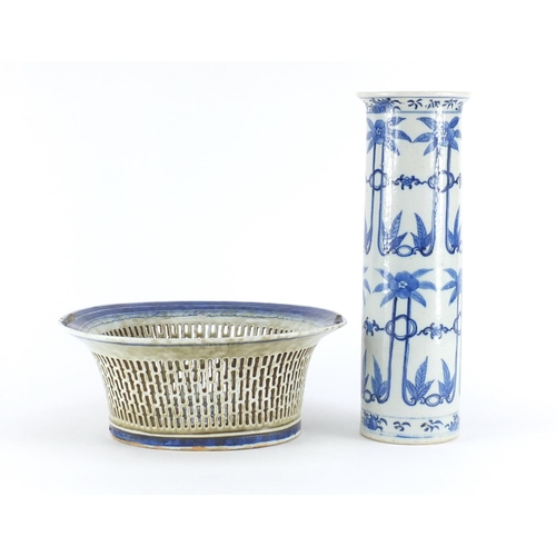 356 - Chinese blue and white porcelain comprising a pierced basket and sleeve vase hand painted with flowe... 