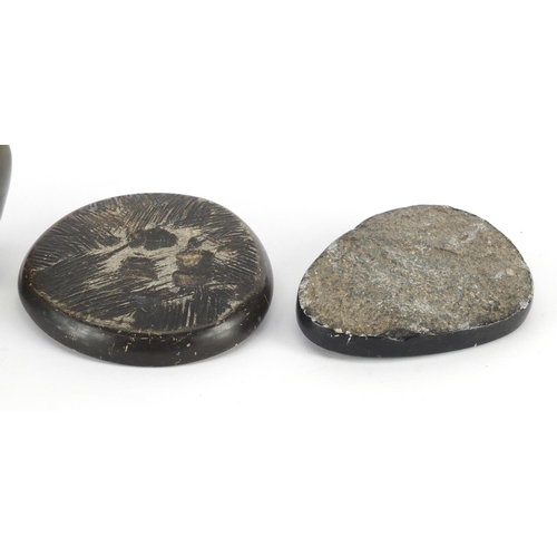 494 - Chinese carved nephrite brush washer and two soapstone brush rests carved with a hippopotamus and gi... 