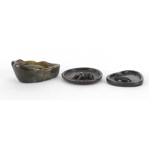 494 - Chinese carved nephrite brush washer and two soapstone brush rests carved with a hippopotamus and gi... 