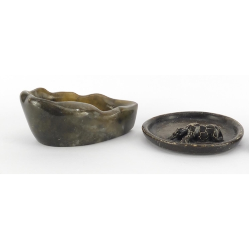 494 - Chinese carved nephrite brush washer and two soapstone brush rests carved with a hippopotamus and gi... 