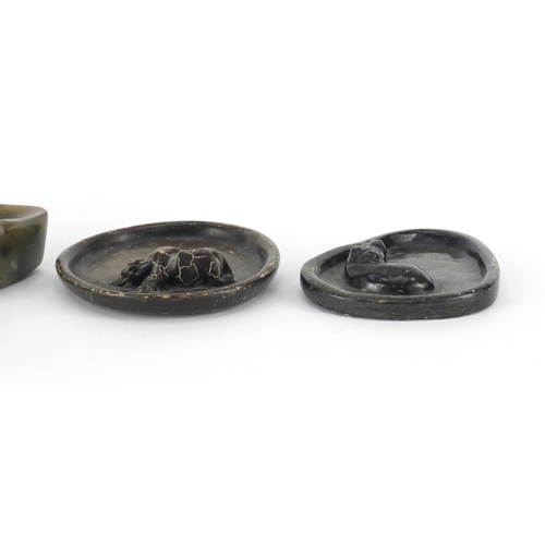 494 - Chinese carved nephrite brush washer and two soapstone brush rests carved with a hippopotamus and gi... 