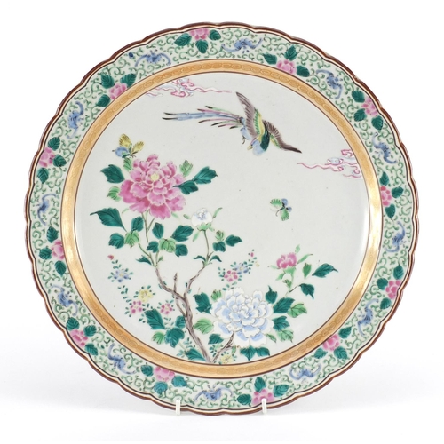 444 - Japanese porcelain charger, hand painted with a bird of paradise amongst flowers, painted and impres... 