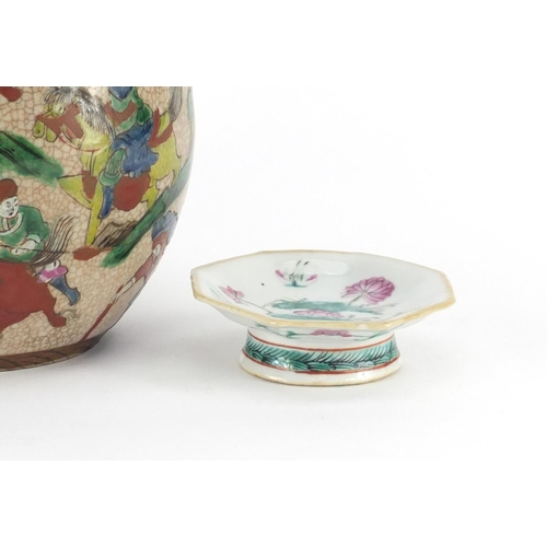 406 - Chinese ceramics including a ginger jar, hand painted in the famille verte palette with warriors and... 