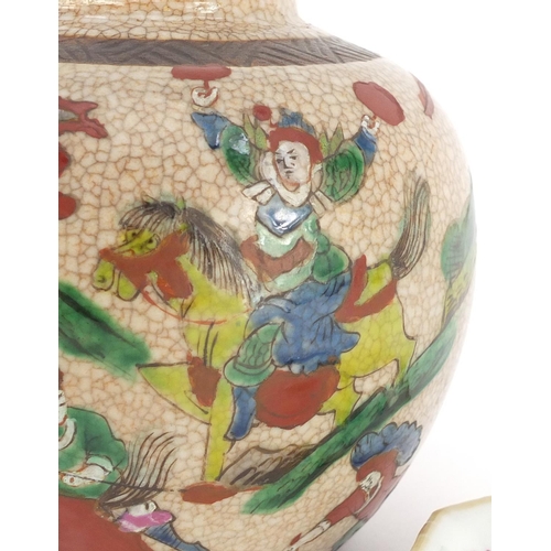 406 - Chinese ceramics including a ginger jar, hand painted in the famille verte palette with warriors and... 