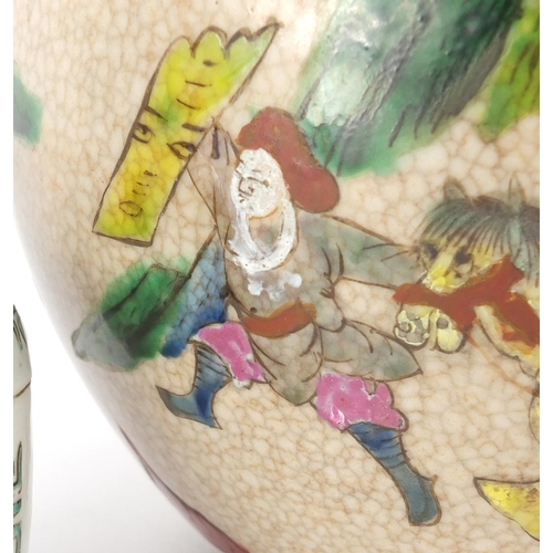 406 - Chinese ceramics including a ginger jar, hand painted in the famille verte palette with warriors and... 