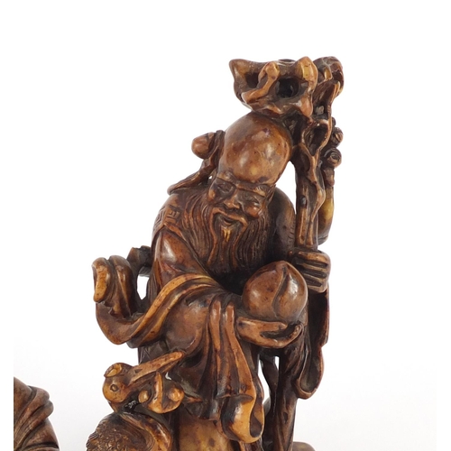 495 - Two Chinese russet soapstone carvings including one of an elder, character marks to the base, the la... 