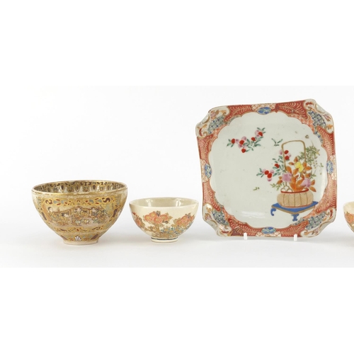 455 - Japanese ceramics including a pair of Satsuma pottery bowls, finely hand painted with flowers and a ... 