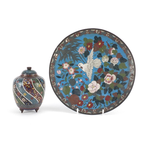 458 - Japanese cloisonné tripod koro with cover and a plate enamelled with a bird amongst flowers, the lar... 