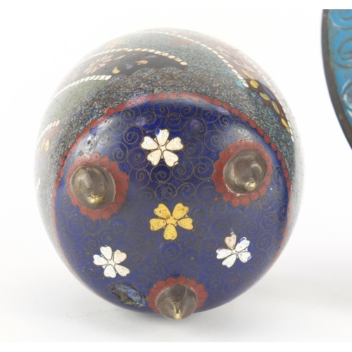 458 - Japanese cloisonné tripod koro with cover and a plate enamelled with a bird amongst flowers, the lar... 