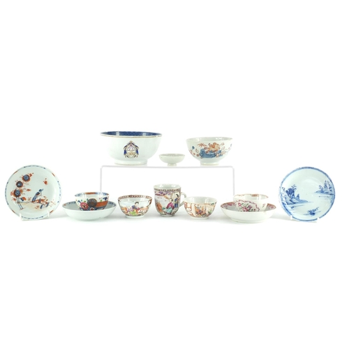 412 - Chinese porcelain including an Armorial bowl, famille rose tea bowls and saucers, the largest 14.5cm... 