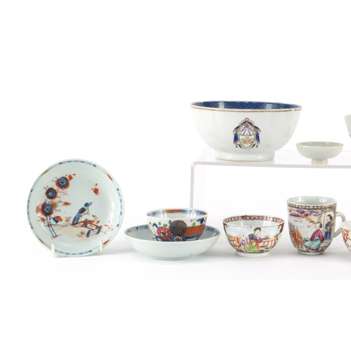 412 - Chinese porcelain including an Armorial bowl, famille rose tea bowls and saucers, the largest 14.5cm... 