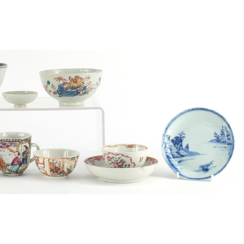 412 - Chinese porcelain including an Armorial bowl, famille rose tea bowls and saucers, the largest 14.5cm... 