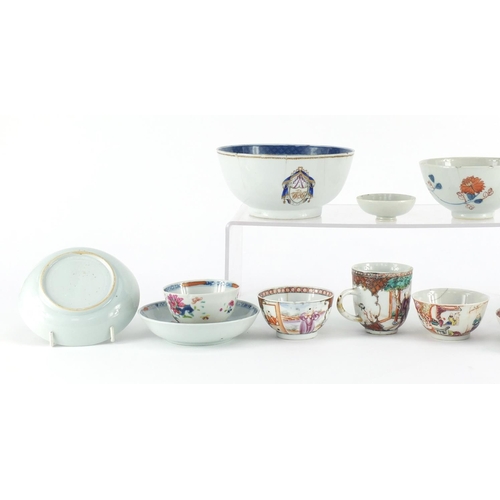 412 - Chinese porcelain including an Armorial bowl, famille rose tea bowls and saucers, the largest 14.5cm... 