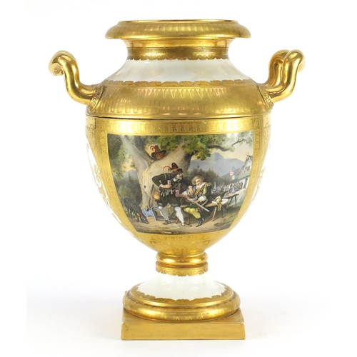 637 - 19th century Continental campana urn vase and cover with twin handles, finely hand painted with a pa... 