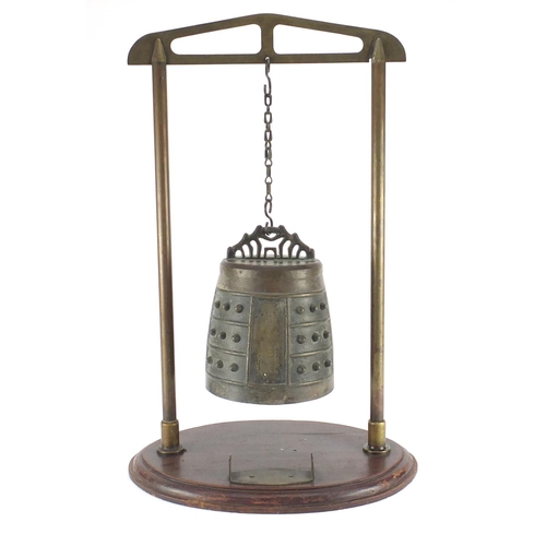 468 - Antique Sino-Tibetan bronze temple bell on later stand, overall 64cm high, the bell 22cm high