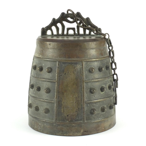 468 - Antique Sino-Tibetan bronze temple bell on later stand, overall 64cm high, the bell 22cm high