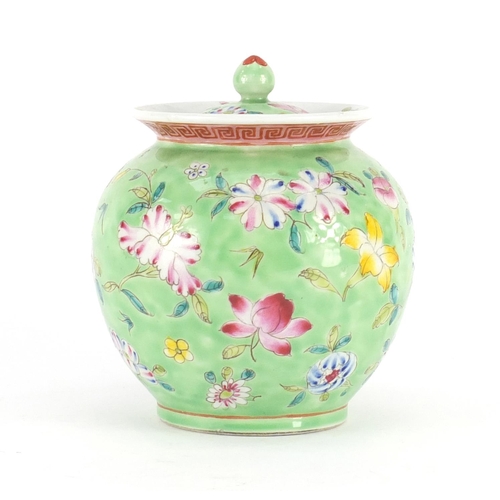 395 - Chinese porcelain lidded vase and cover, finely hand painted in the famille rose palette with flower... 