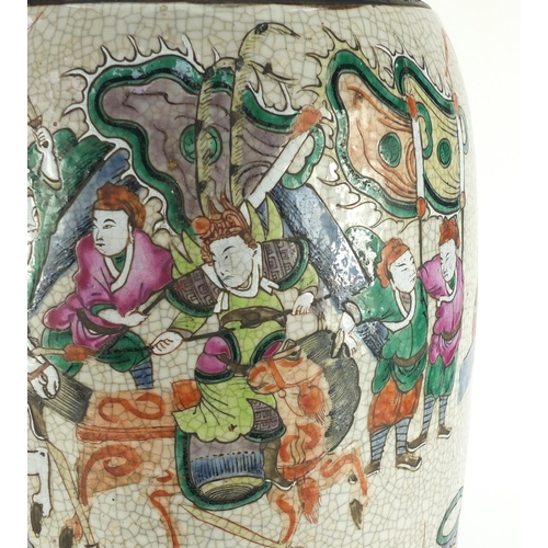 373 - Large Chinese crackle glazed vase with twin handles, finely hand painted in the famille verte palett... 