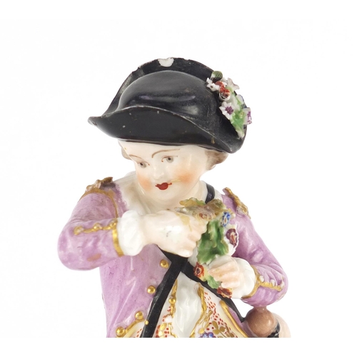 615 - 18th century Derby porcelain figure of a boy with flower, scripted marks to base,18cm high