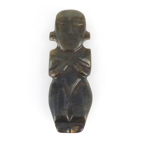 536 - Tribal interest green jade figural carved pendant, 8.5cm high