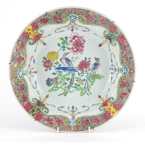 371 - Chinese porcelain basin finely hand painted in the famille rose palette with birds of paradise among... 