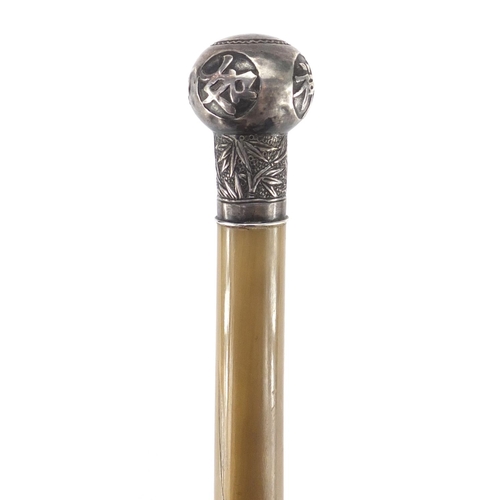 69 - 19th century Chinese horn stick with unmarked silver pommel and ferrule, probably rhinoceros horn, t... 