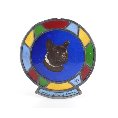 37 - Early 20th century Leaded stain glass panel hand painted with a bulldog, inscribed Champion Bijou Of... 