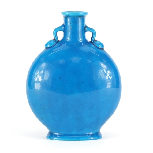 690 - Minton's turquoise glazed moon flask with twin handles, in the style of Christopher Dresser, impress... 